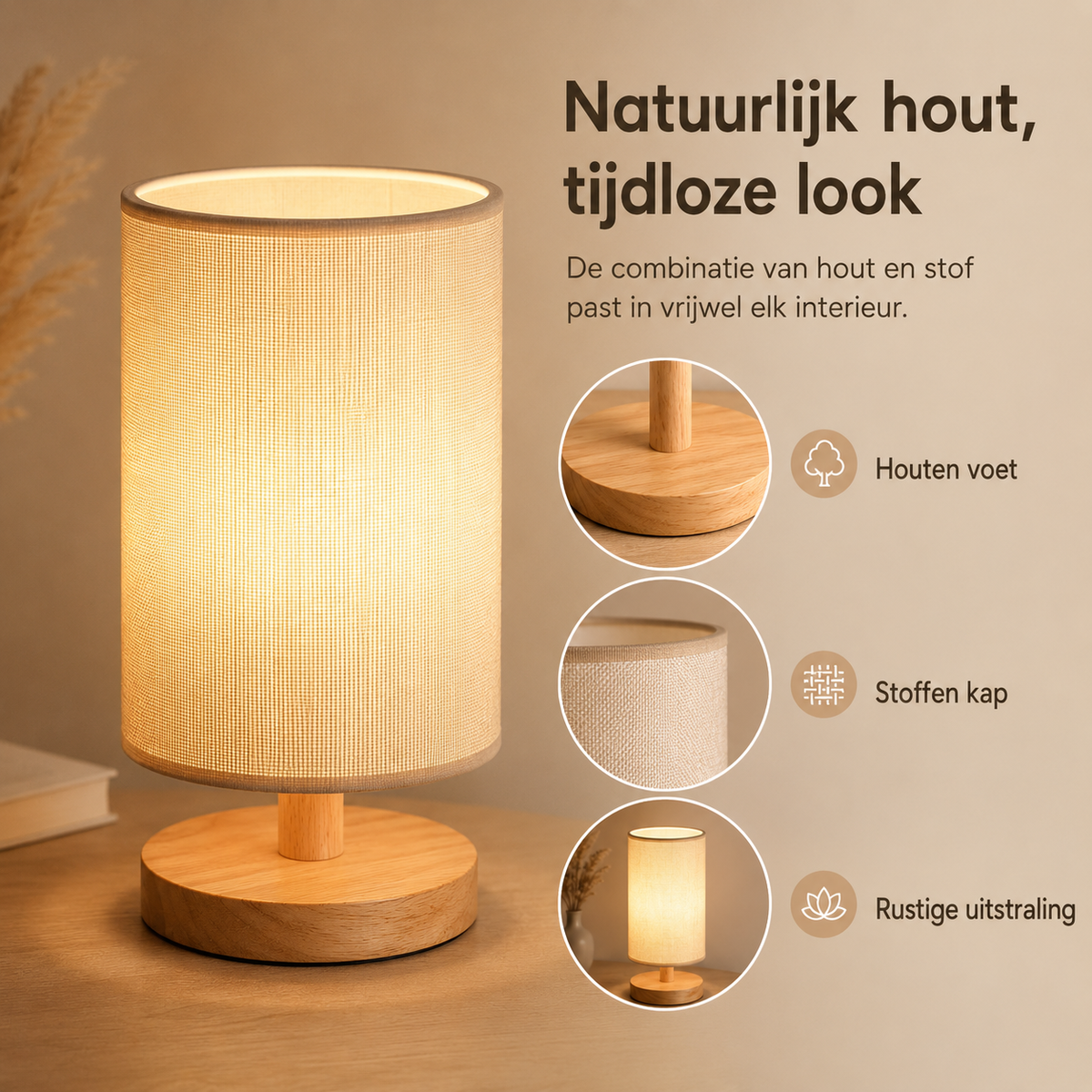 Moderne Houten Nachtkastje Lamp | Dimbaar & Afstandsbediening