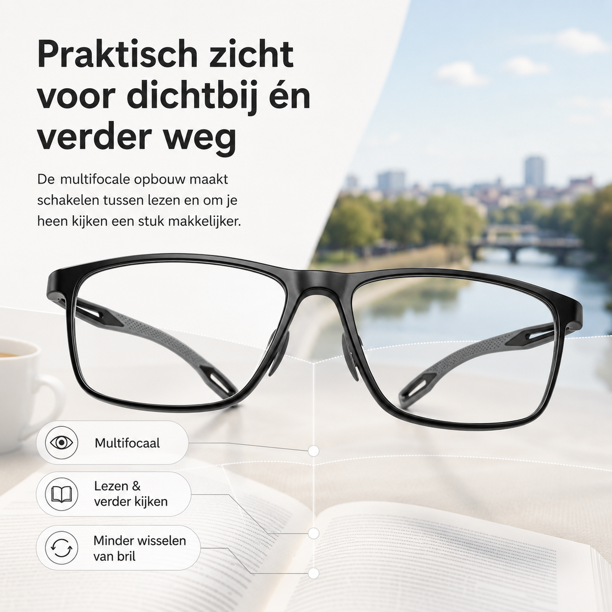 Ultr lichte multifocale leesbril voor dames en heren – hoogwaardige polycarbonaat – voor dichtbij en veraf – wandklok