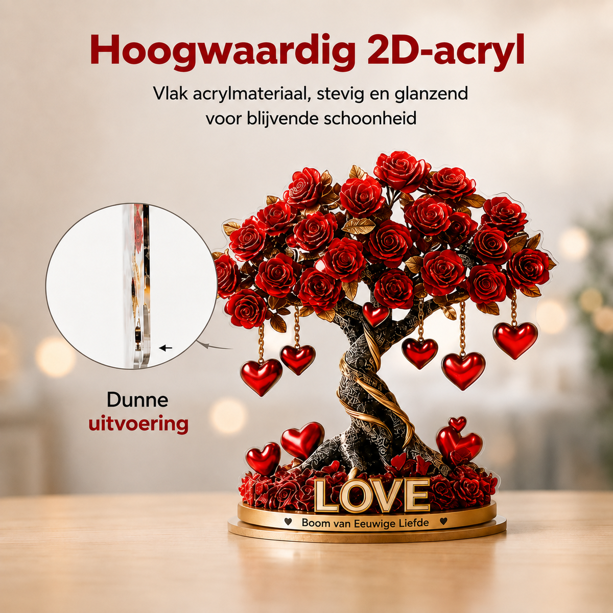 NOBLEHEART GEM – Elegante rozenboom van kristal in de vorm van een hart met gouden basis