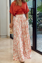 Xandra | Comfortabele Tweedelige Set | Luxe Satijnen Vrouwen Set Mandarijnrood/Zwart/Rood/Blauw | Pofmouw Crop Top & Palazzo Broek | Elegante Dameskleding S-3XL | Verfijnde Look & Ultiem Comfort