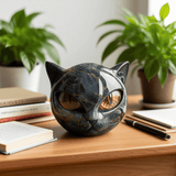 NoirCat Sculptuur | Hoogglans Hars Kat Hoofd Buste | Reflectieve Marmer-Gemodelleerde Afwerking | Hoog-Contrast Pupil Dilation Optiek | Desktop Anatomisch Feline Model | Niet-Poreus Gewogen Kunstobject