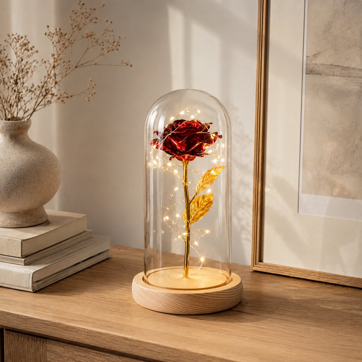 Eeuwige Roos | Gouden Roos in Glazen Stolp met LED-Verlichting