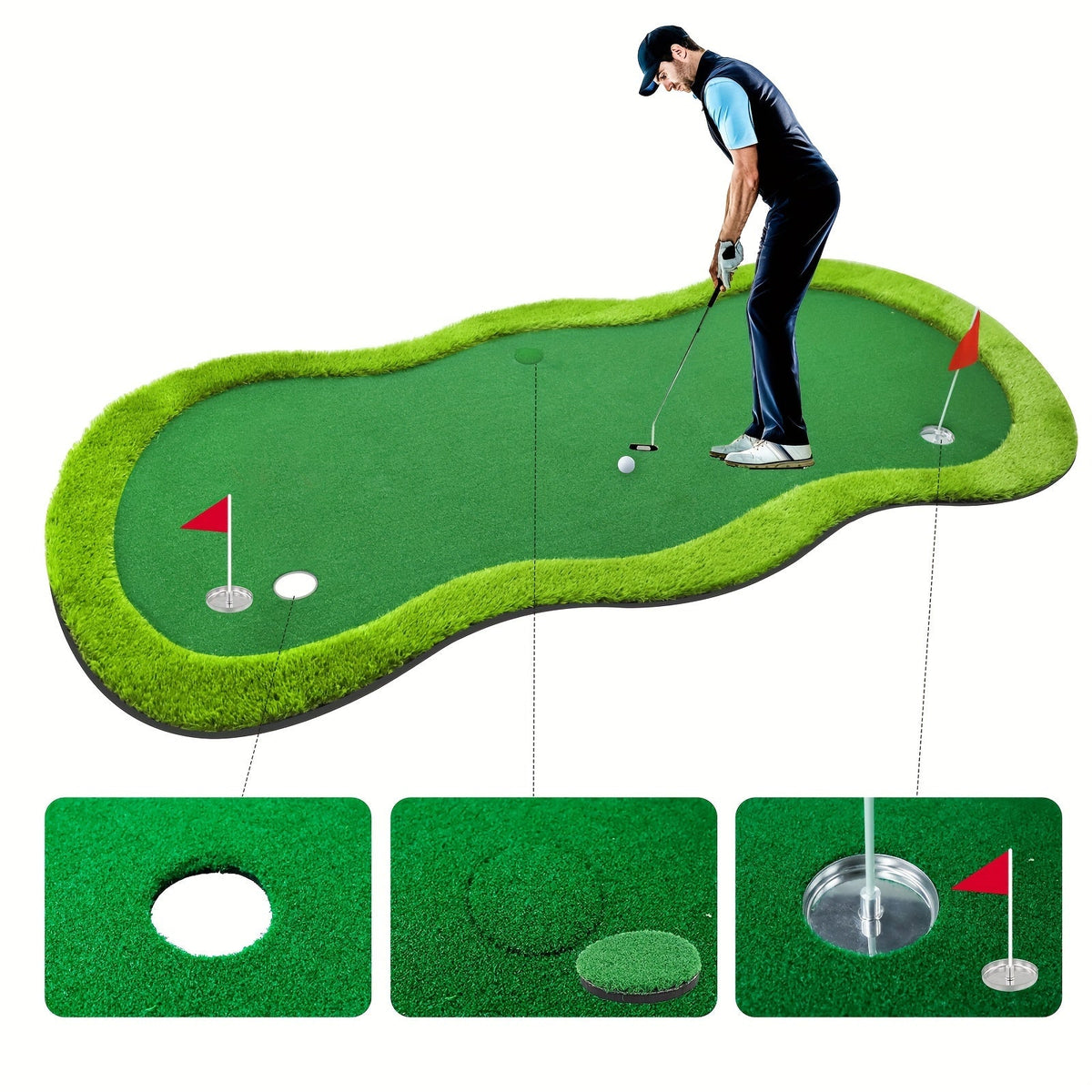 Grote Golf Putting Mat 152×305 cm | Indoor/Outdoor Golfmat | 3 Holes met Vlaggen & Cups voor Oefening