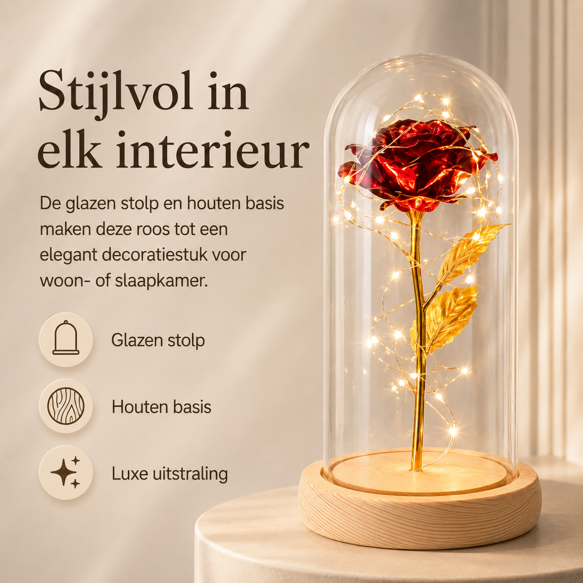 Eeuwige Roos | Gouden Roos in Glazen Stolp met LED-Verlichting