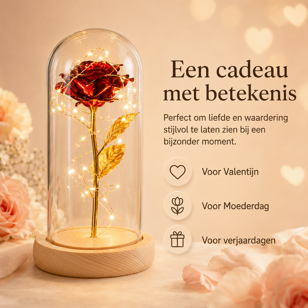 Eeuwige Roos | Gouden Roos in Glazen Stolp met LED-Verlichting