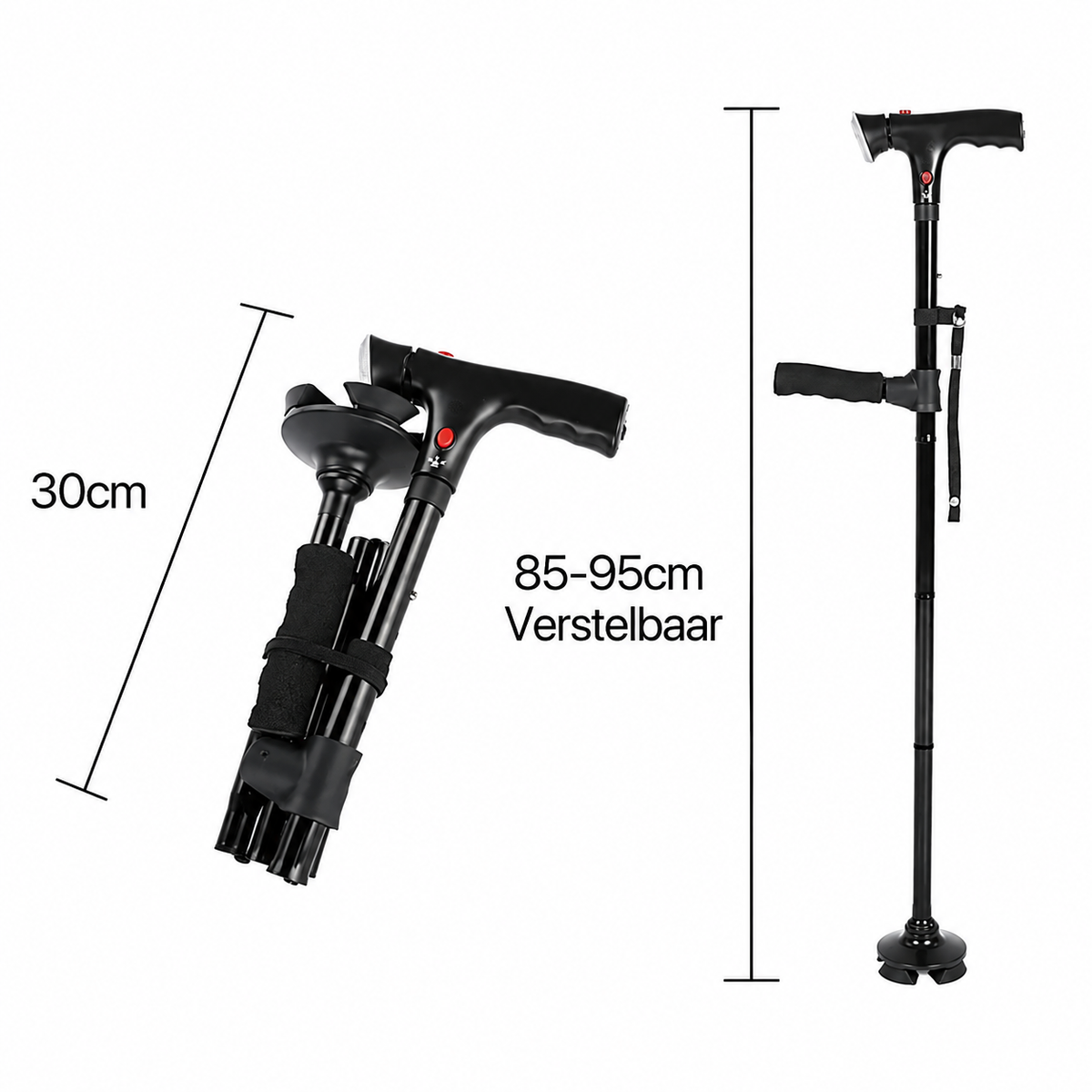 Opvouwbare wandelstok met dubbele handgrepen, alarm & lamp