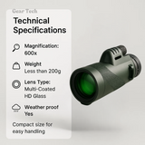 Compact 600x Ultra-Zoom Monoculair | HD Meervoudig Gecoat Optisch Glas | HyperClarity Lens Technologie | Weerbestendig & Schokbestendig Chassis | Geïntegreerde Smartphone Adapter | Lichtgewicht < 200g Langeafstandscamera