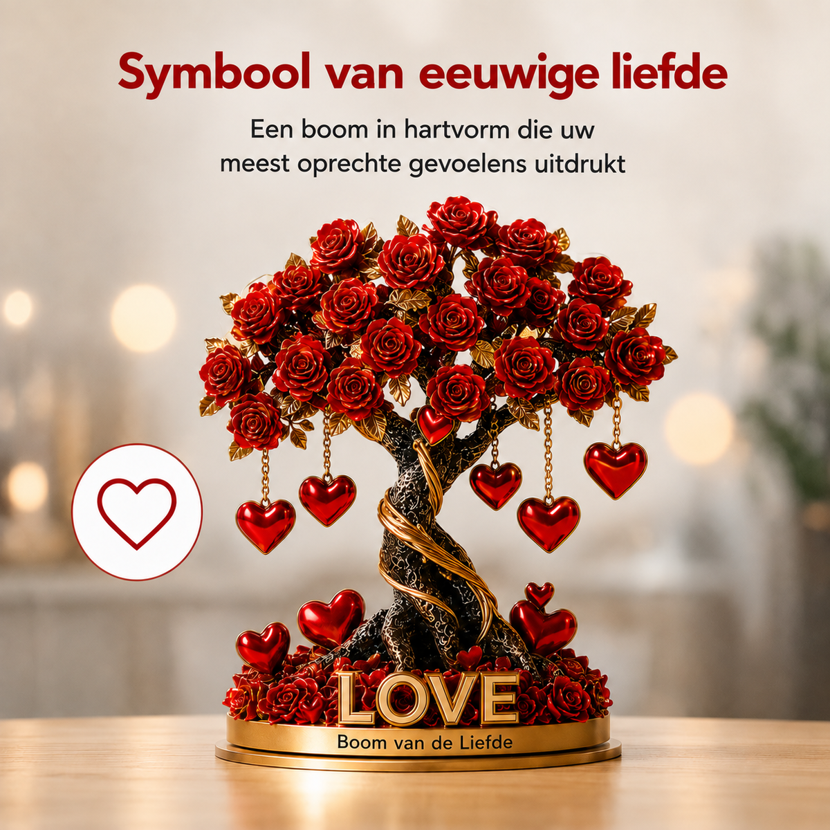 NOBLEHEART GEM – Elegante rozenboom van kristal in de vorm van een hart met gouden basis