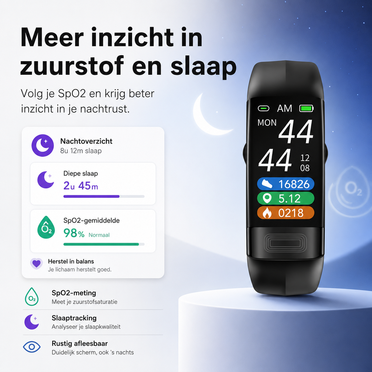 Slimme armband met bloeddrukmeter, ECG, hartslag, zuurstofverzadiging en slaaptracker - goedgekeurd door FDA