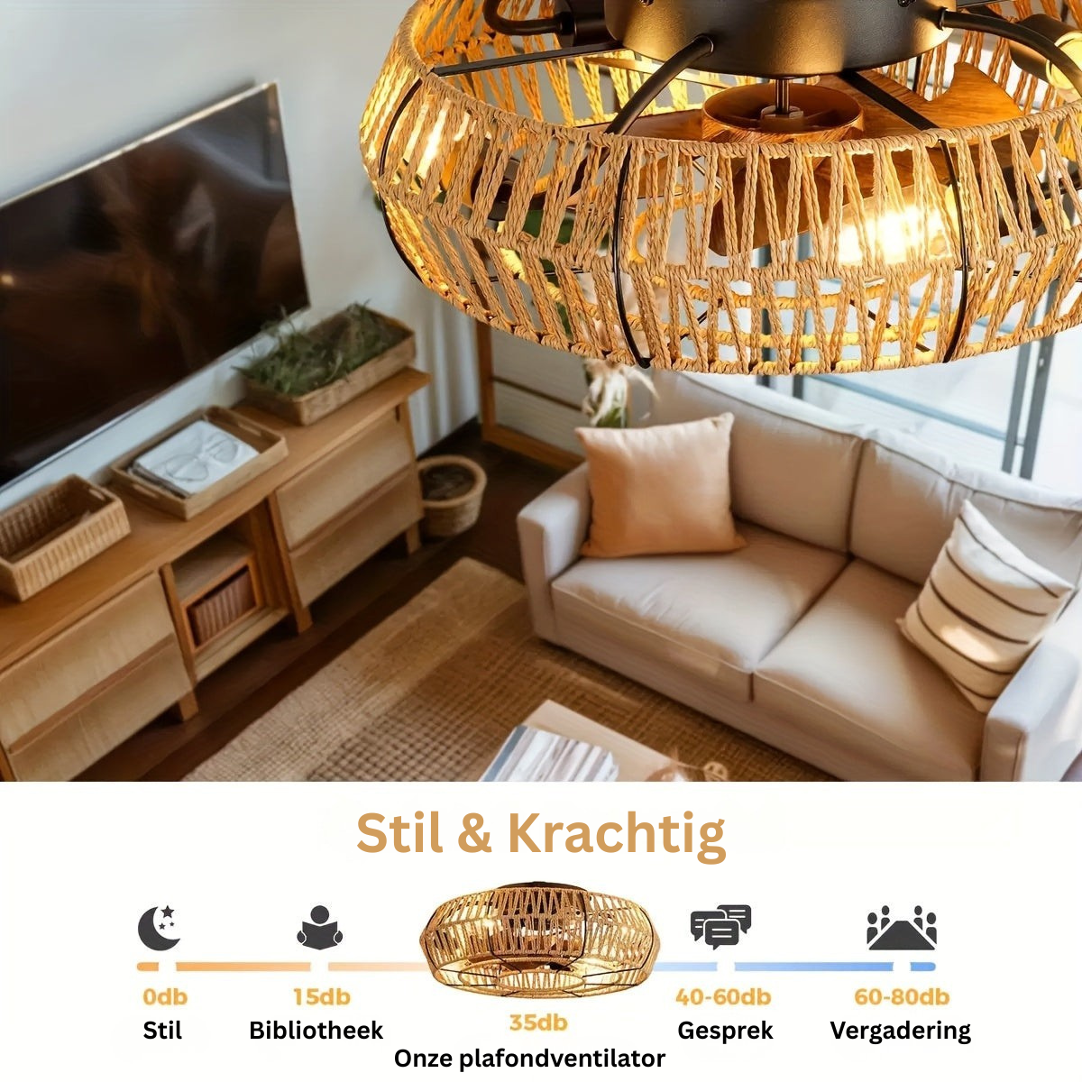 Amara luxe handgeweven rotan plafondventilator – fluisterstil pronkstuk in zen-stijl
