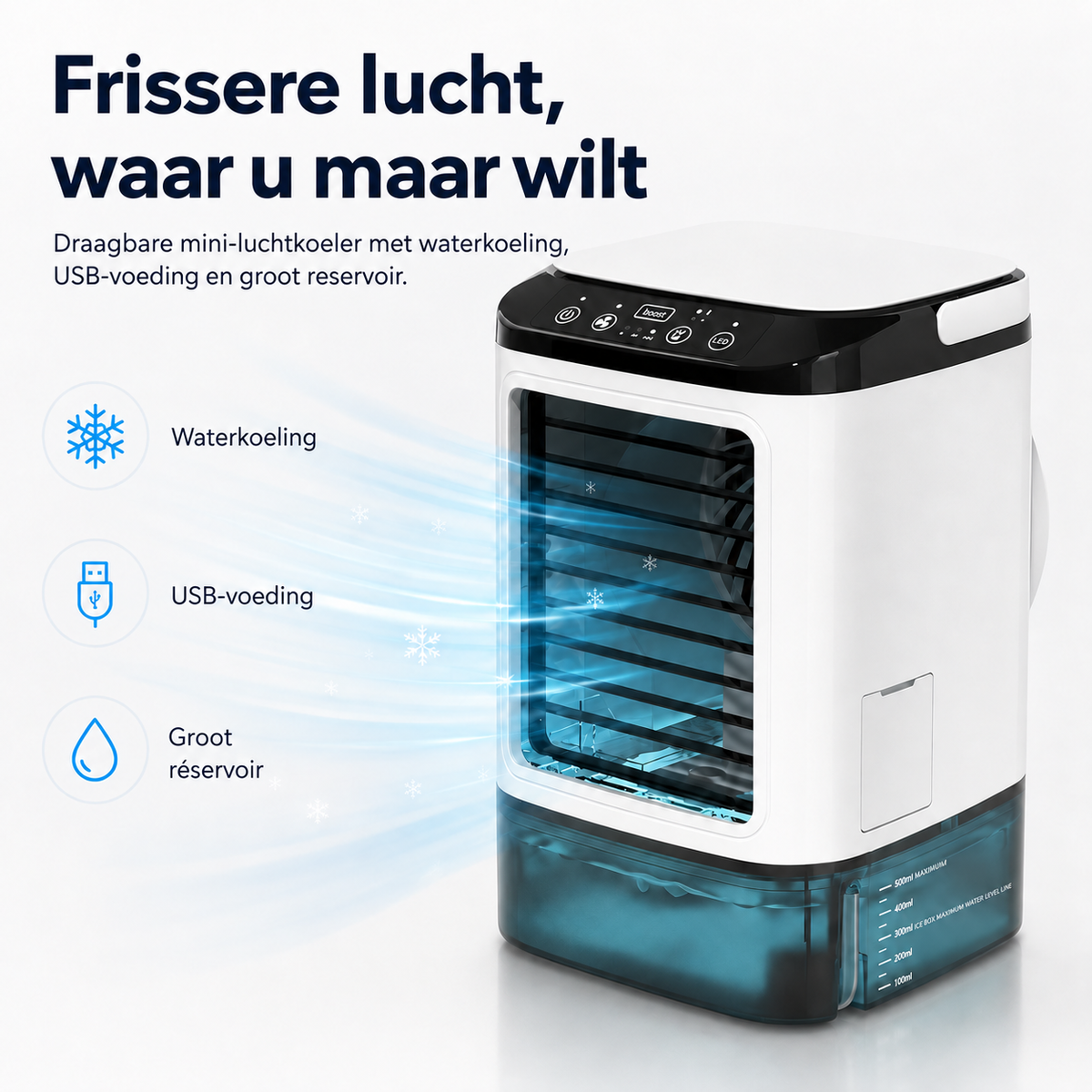Draagbare desktop-luchtkoeler met verdampingsprincipe – USB-voeding met een groot waterreservoir