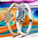 Sprankelende Zilveren Kristallen Ring – Elegante 925 Sterling Zilveren Ring met Maan- & Zonendesign