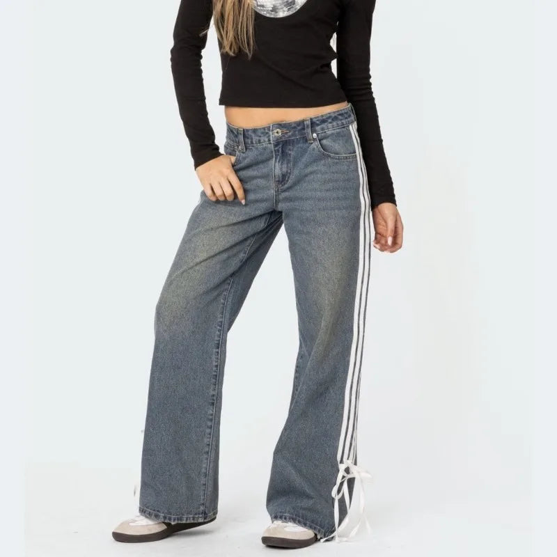 Wijdere Jeans met Strepen en Vetersluiting - Mila