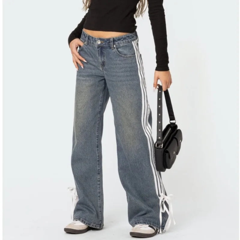 Wijdere Jeans met Strepen en Vetersluiting - Mila