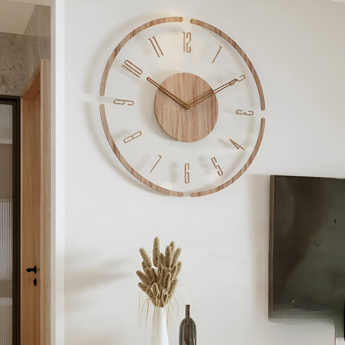 ClearWood Stille Wandklok – Eigentijds Hout‑en‑Acryl Design