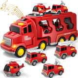 Dubbellaagse Vrachtwagen - Brandweer- of Bouwvoertuigen Speelset voor Jongens en Meisjes, Inclusief Mini Voertuigen en Muziekfunctie, Kleur: Rood, Geel of Blauw