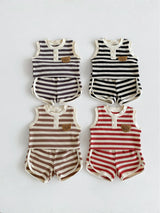 Gestreepte Zomerset Hemd en Short met Beer - Baby Peuter, Bruin/Zwart/Rood/Grijs, Maat 0-3 Jaar