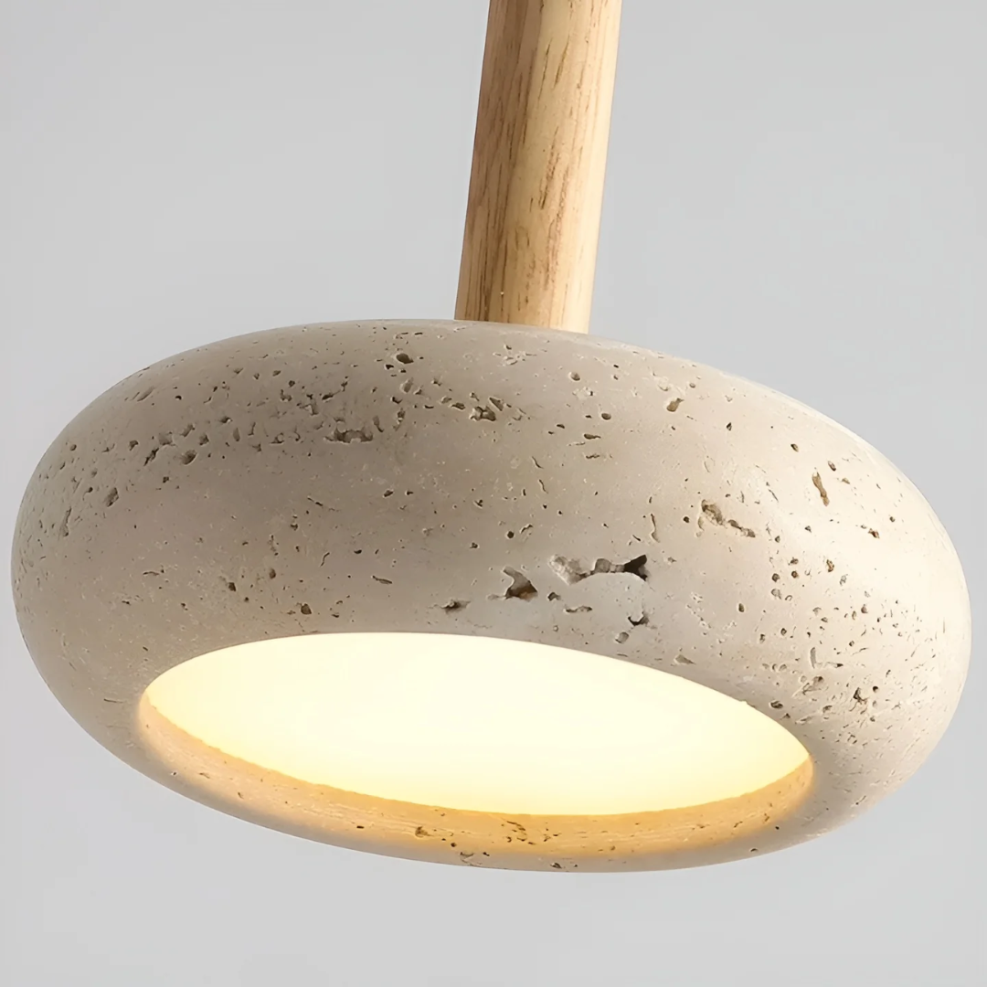 LED Retro Japanse Lamp | TranquilHalo | Verstelbare Hanghoogte | Geel Grottensteen & Hout | Ø 15cm Hanger | Max 2m Snoer | Eenvoudige Montage | Rustgevend Ontwerp