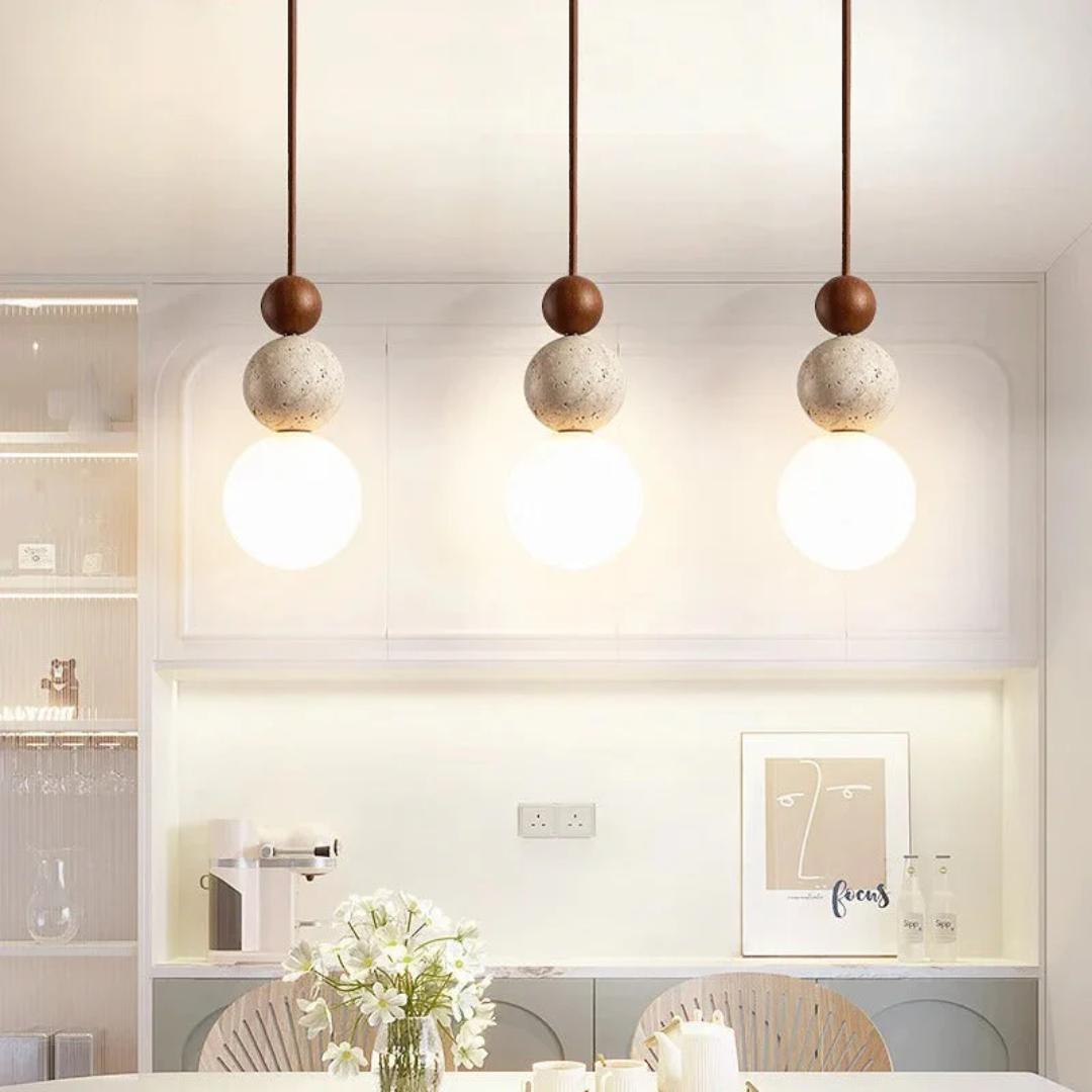 Moderne Travertin- en Mahonie Hanglamp - NaturaLuxe
