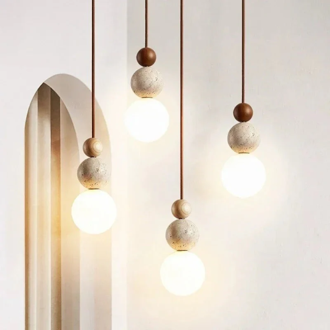 Moderne Travertin- en Mahonie Hanglamp - NaturaLuxe