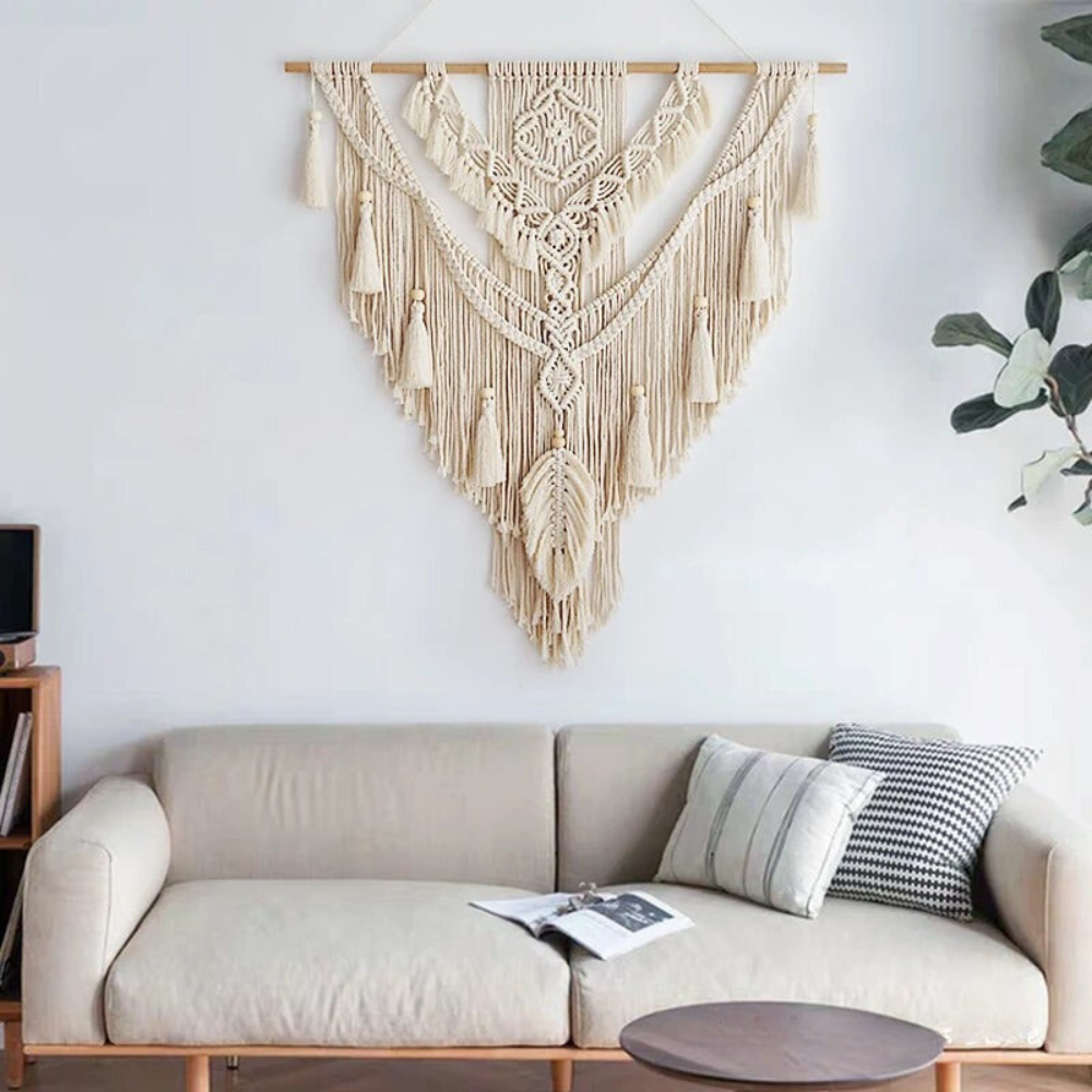 BohoWoven - Scandinavische boho macramé wandhanger | Scandinavische Boho Macramé Wandhanger 75x95cm | Handgemaakt | Wanddecoratie voor Woonkamer & Slaapkamer | Decoratief Design | Elegante Wandversiering | Kleur Beige Geel