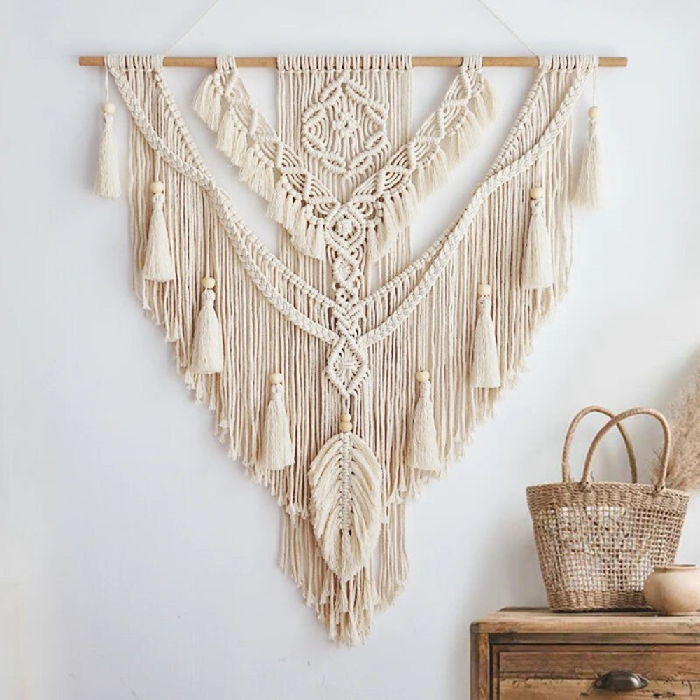BohoWoven - Scandinavische boho macramé wandhanger | Scandinavische Boho Macramé Wandhanger 75x95cm | Handgemaakt | Wanddecoratie voor Woonkamer & Slaapkamer | Decoratief Design | Elegante Wandversiering | Kleur Beige Geel