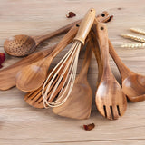 Norvo | 11-delig keukenhulpmiddelen set gemaakt van teak – Inclusief houder – Natuurlijke uitstraling voor de keuken