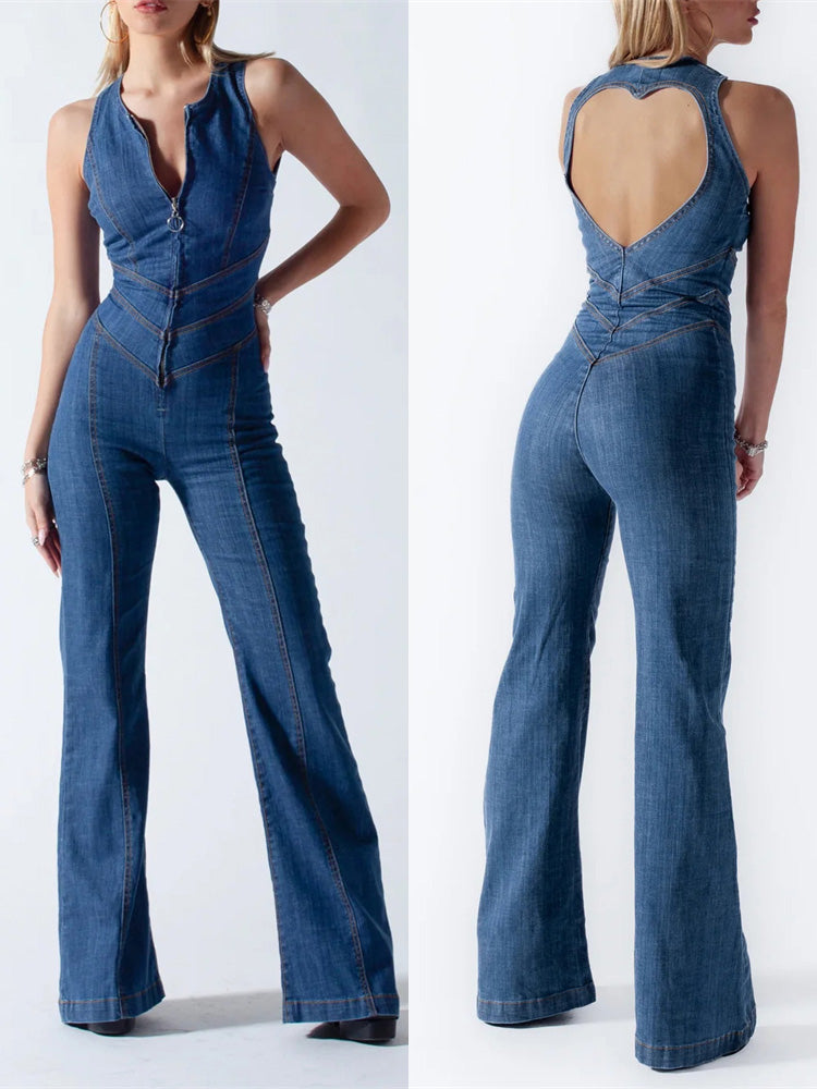 Amalia | Denim Jumpsuit met Open Rug | Elegante Zomerstijl Vrouwen | Blauw | Flatterende Pasvorm | Hartvormige Uitsnijding | Comfortabele Denim Blend | Zachte Stoffen | Stijlvolle Jumpsuit | Modieuze Details