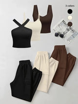 6-delige Dames Casual Set voor Lente/Zomer van Gebreid Stoffen met Ronde Hals, Pocket en Elastische Taille, Polyester Blend