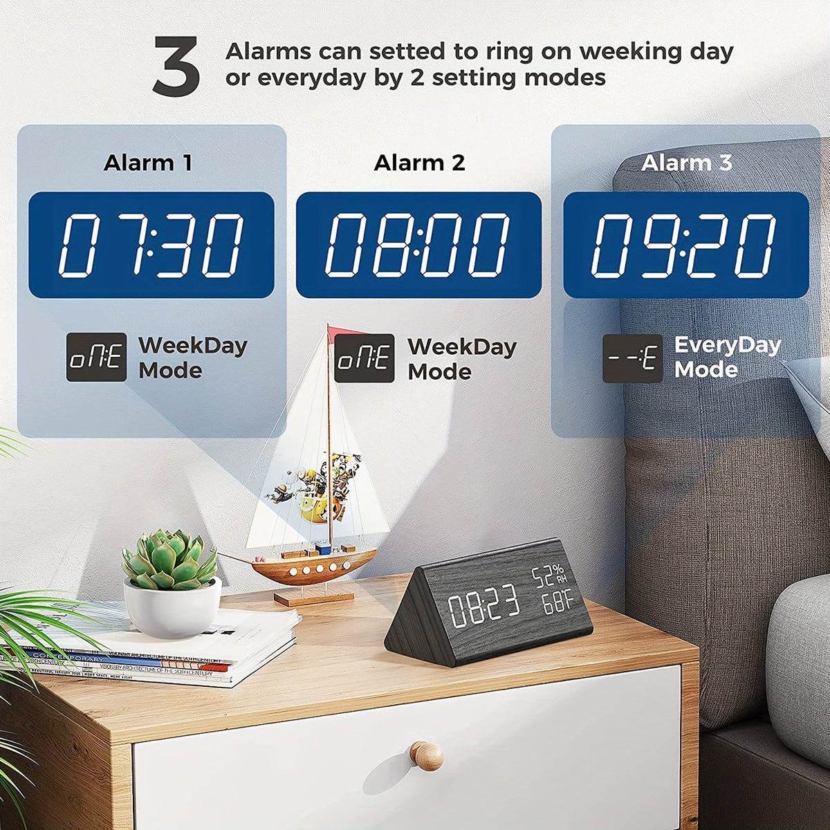 TriWood LED Wekker – Functioneel en Minimalistisch Design