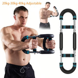 Verstelbare arm- en borstspiertrainer voor mannen met roestvrijstalen frame en comfortabele blauwe grips