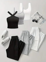 6-delige Dames Casual Set voor Lente/Zomer van Gebreid Stoffen met Ronde Hals, Pocket en Elastische Taille, Polyester Blend