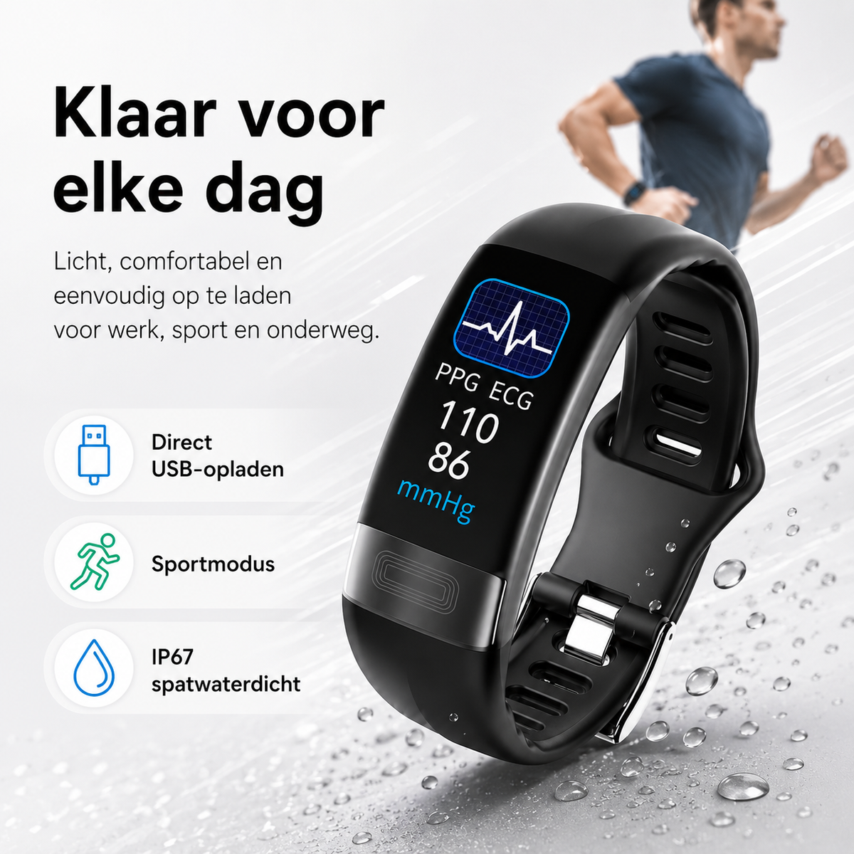 Slimme armband met bloeddrukmeter, ECG, hartslag, zuurstofverzadiging en slaaptracker - goedgekeurd door FDA