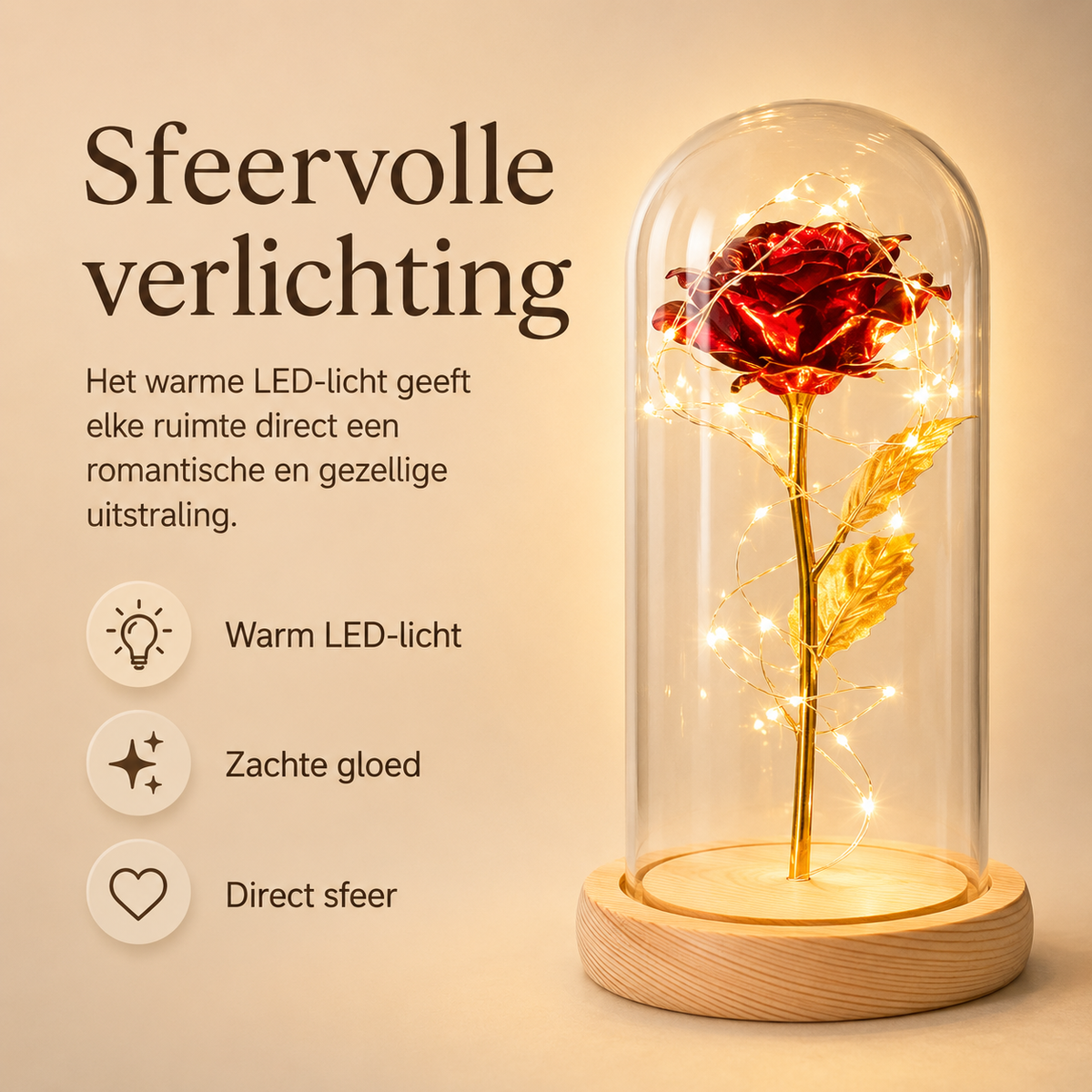 Eeuwige Roos | Gouden Roos in Glazen Stolp met LED-Verlichting