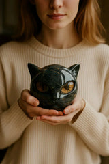 NoirCat Sculptuur | Hoogglans Hars Kat Hoofd Buste | Reflectieve Marmer-Gemodelleerde Afwerking | Hoog-Contrast Pupil Dilation Optiek | Desktop Anatomisch Feline Model | Niet-Poreus Gewogen Kunstobject