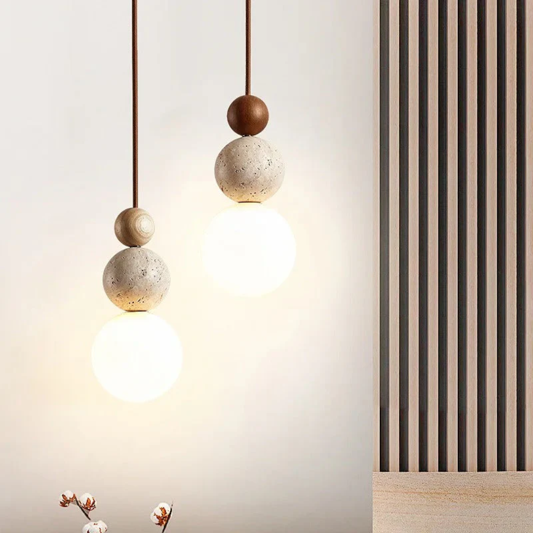 Moderne Travertin- en Mahonie Hanglamp - NaturaLuxe