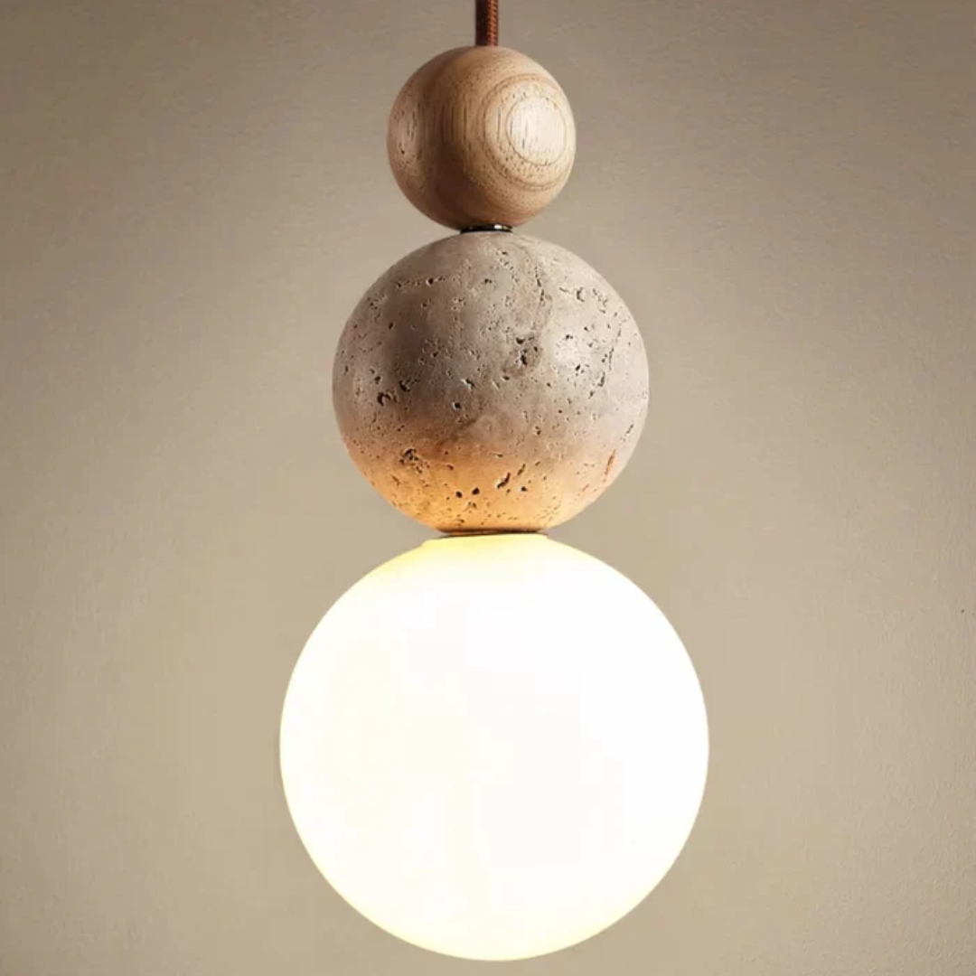 Moderne Travertin- en Mahonie Hanglamp - NaturaLuxe