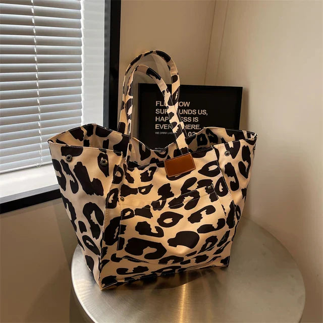 Oversized canvas schoudertas met luipaardprint - Paars