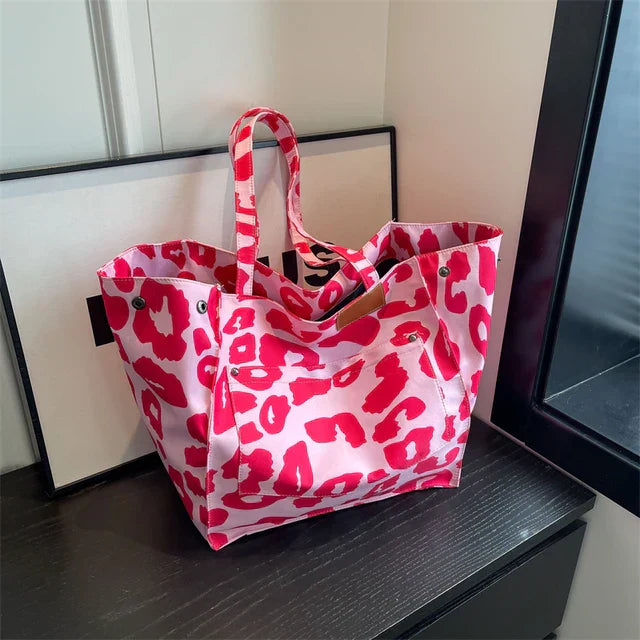 Oversized canvas schoudertas met luipaardprint - Paars