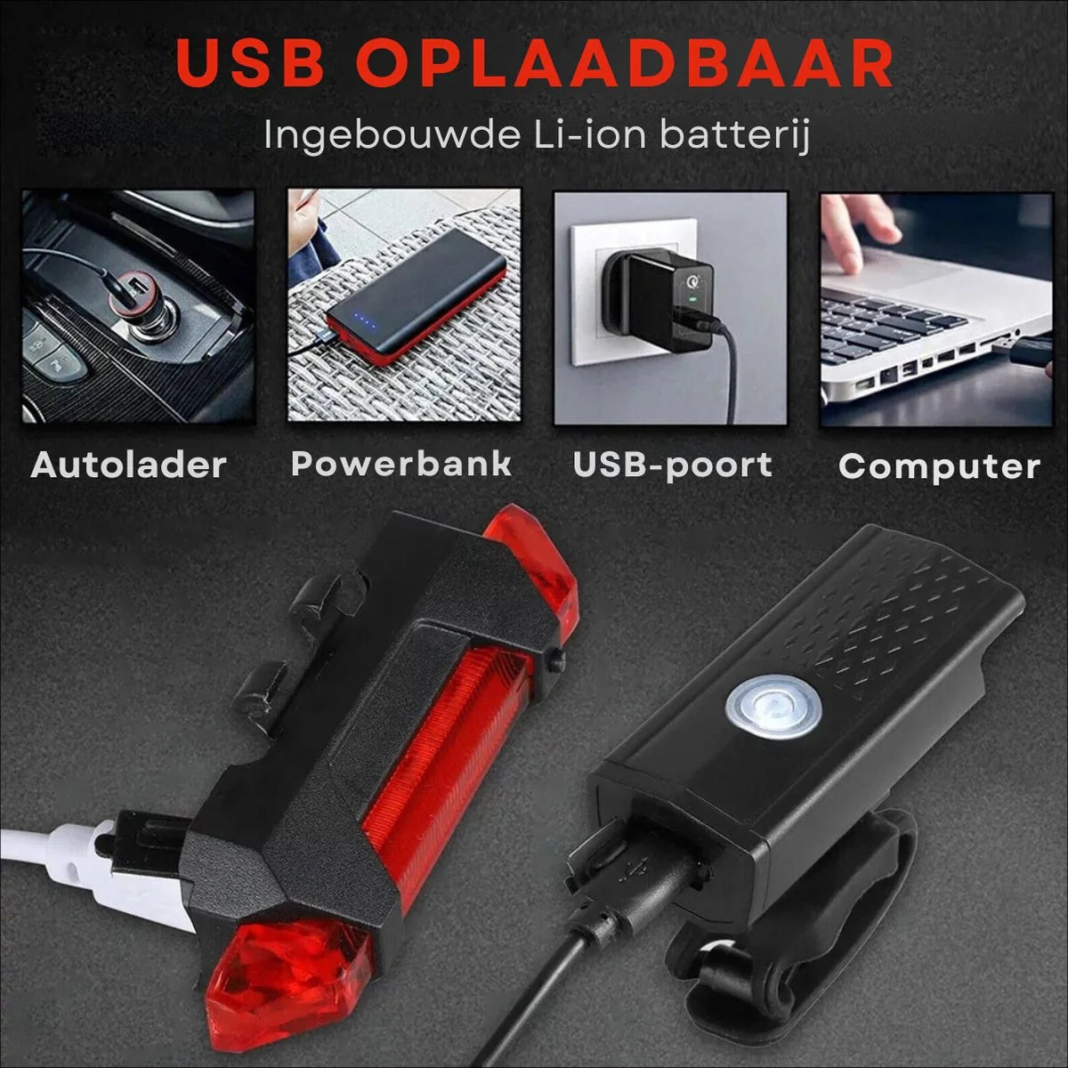 VoltBeam USB Fietslicht Set – Veiligheid en Gemak met Oplaadbare Batterijen