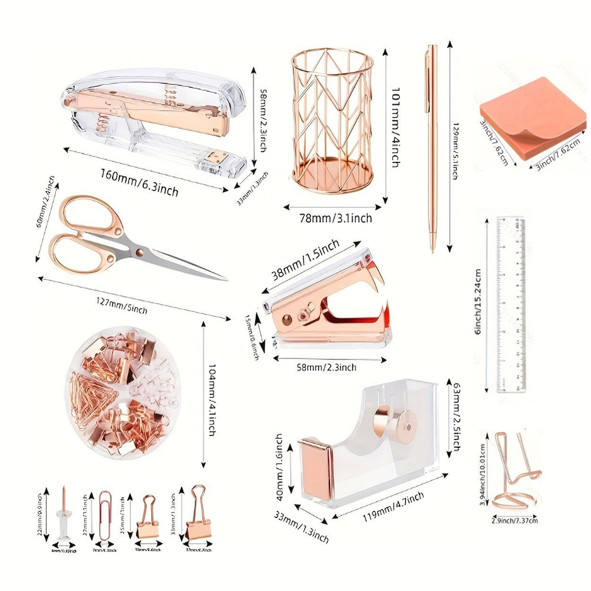 Roségouden acryl bureau organizer set | Bureau organizer | Complete set met nietmachine, liniaal en meer