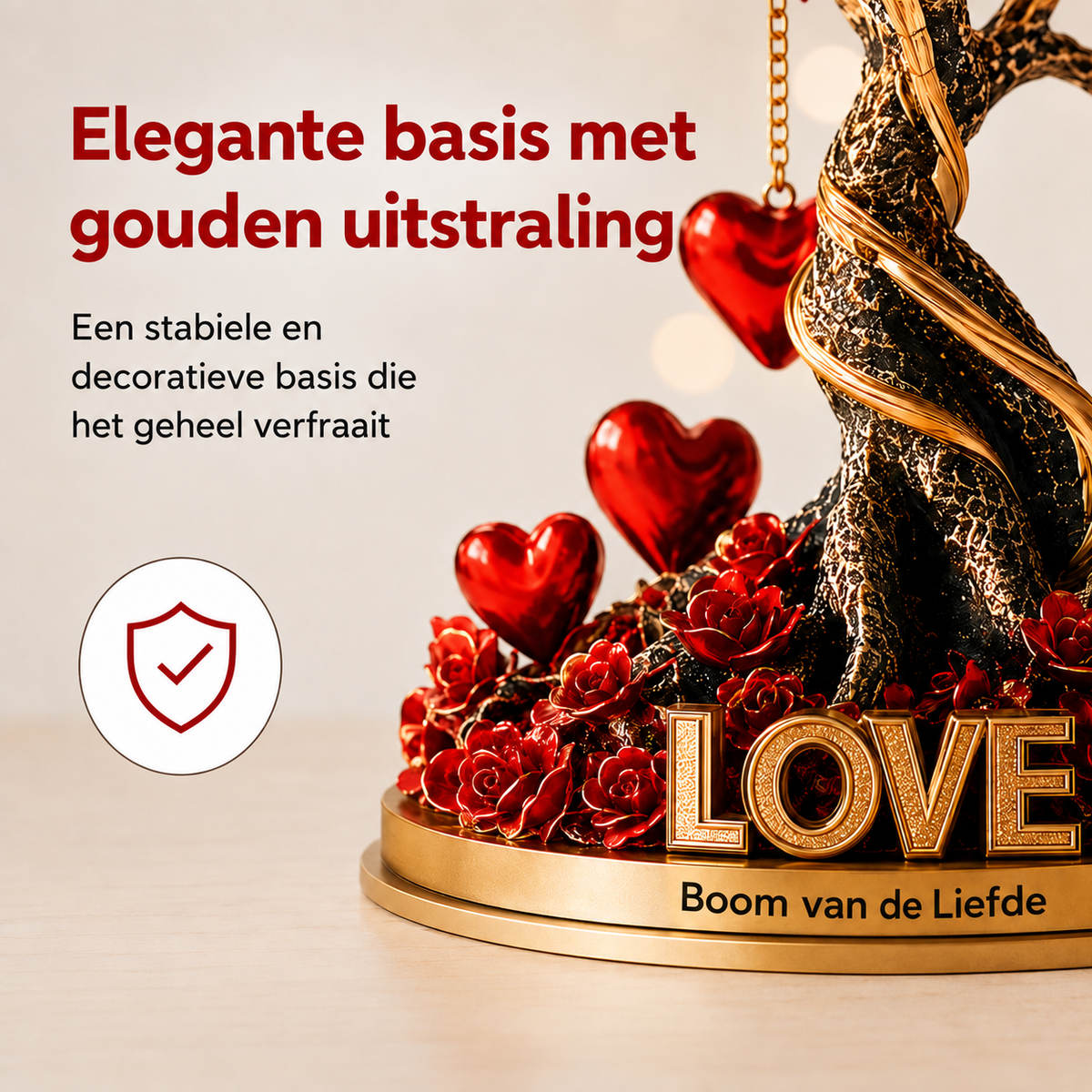 NOBLEHEART GEM – Elegante rozenboom van kristal in de vorm van een hart met gouden basis