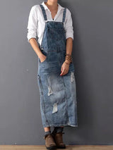 Rugslit Versleten Denim Dungaree Jurk