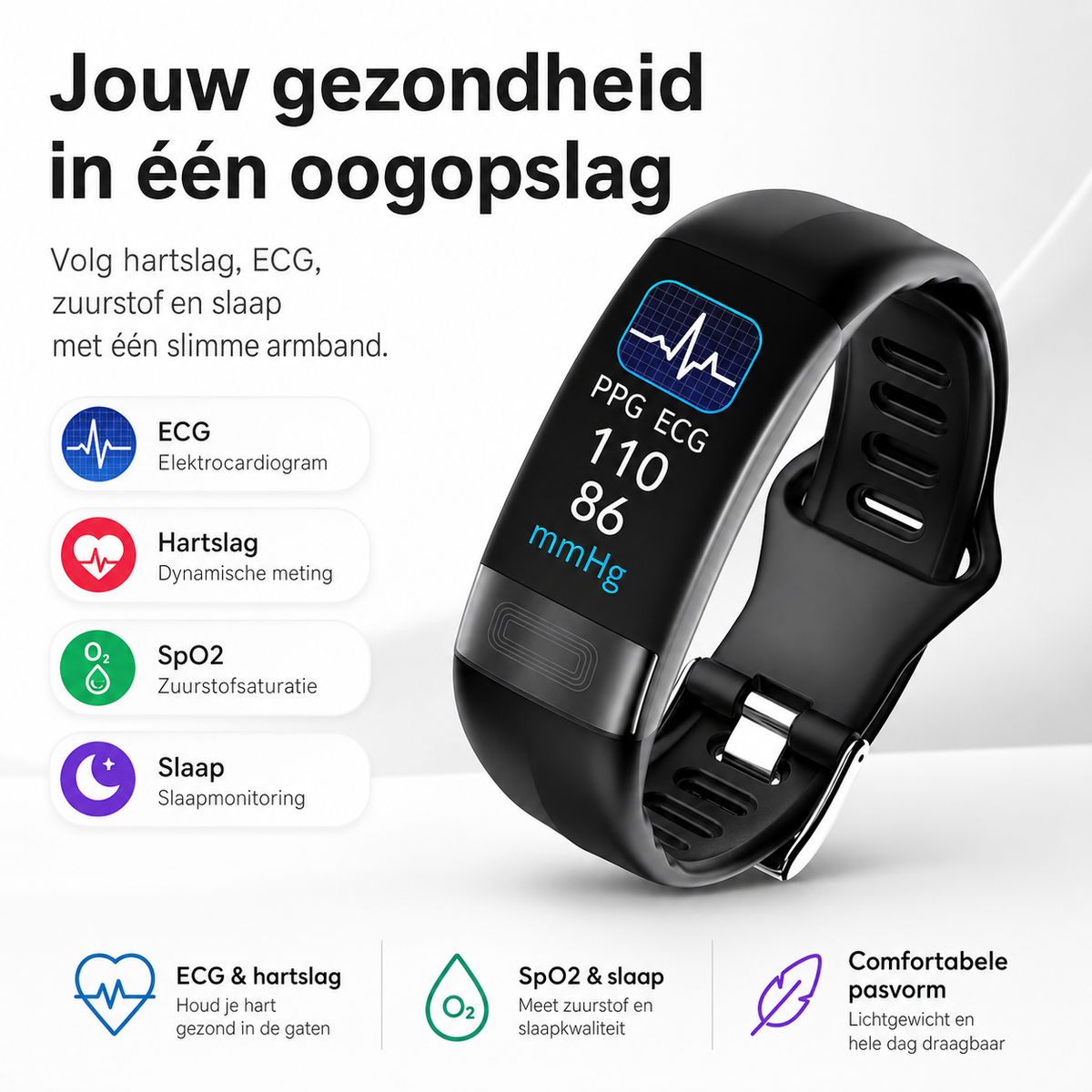 Slimme armband met bloeddrukmeter, ECG, hartslag, zuurstofverzadiging en slaaptracker - goedgekeurd door FDA