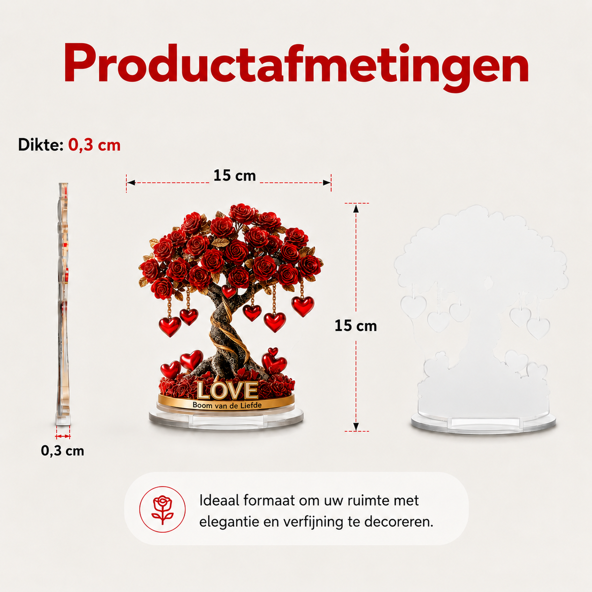NOBLEHEART GEM – Elegante rozenboom van kristal in de vorm van een hart met gouden basis