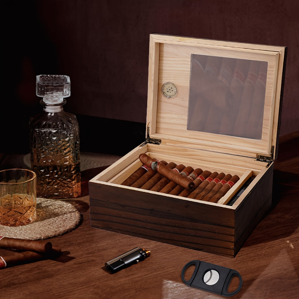 Sigarenkist van cederhout met glazen deksel | Sigarenaccessoire | Elegante humidor met hygrometer, bevochtiger en sigarenknipper