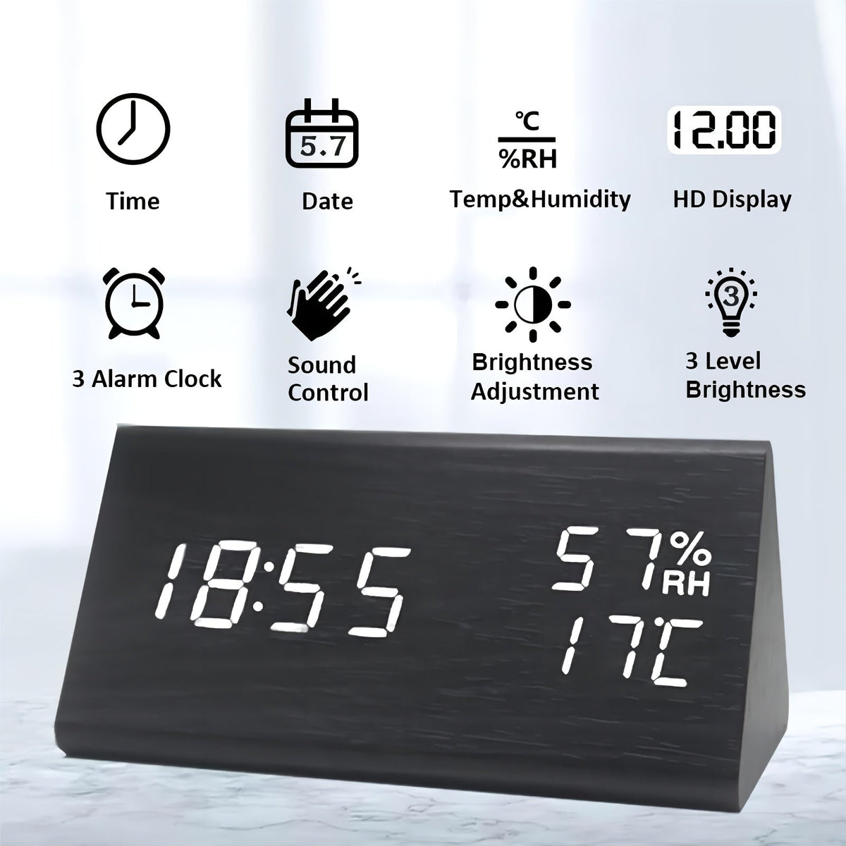 TriWood LED Wekker – Functioneel en Minimalistisch Design