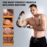 Verstelbare arm- en borstspiertrainer voor mannen met roestvrijstalen frame en comfortabele blauwe grips