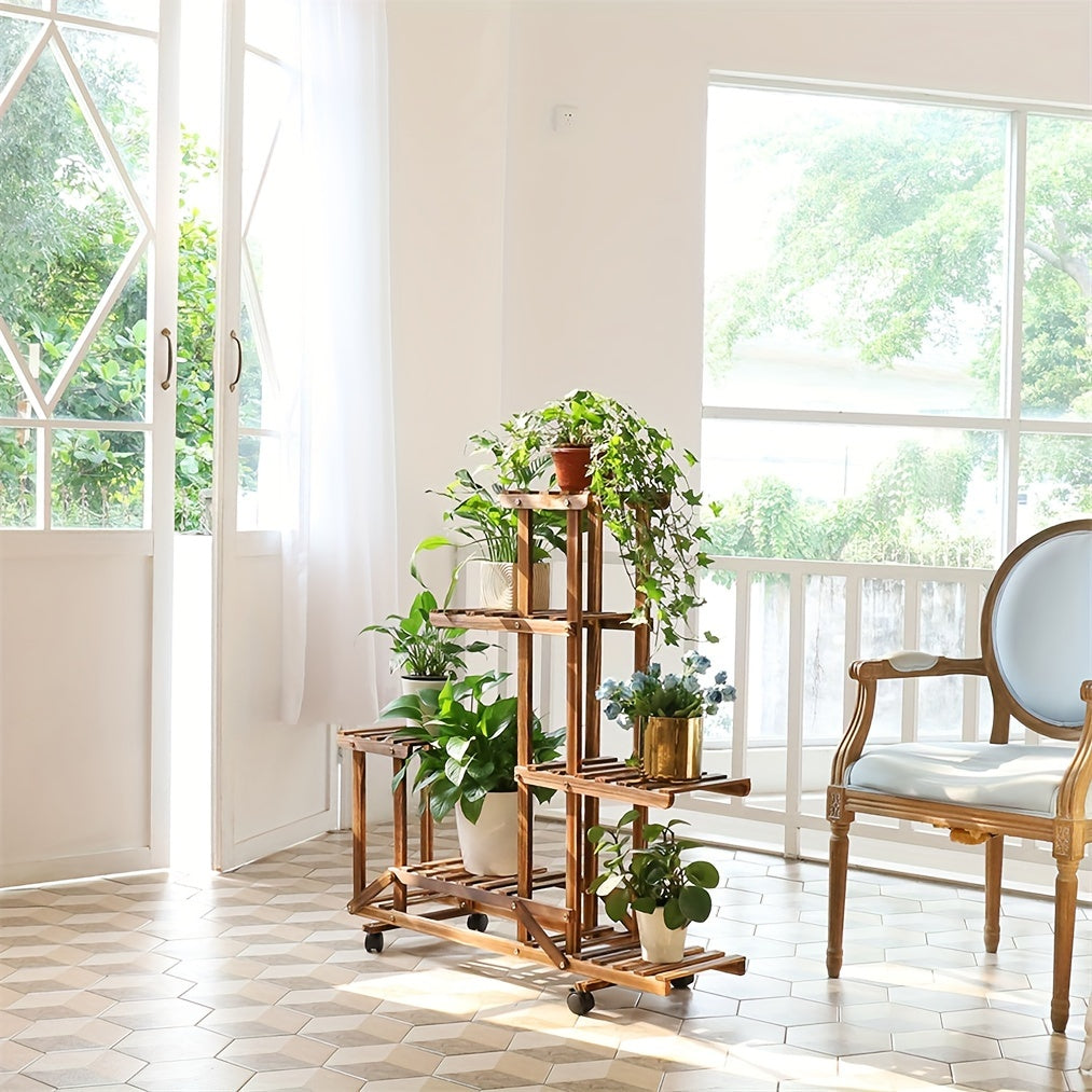 Robuuste 6-laags Houten Plantenstandaard – Gecarboniseerde Behandeling