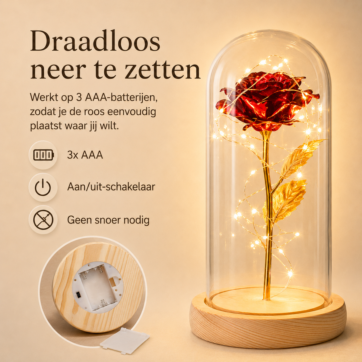 Eeuwige Roos | Gouden Roos in Glazen Stolp met LED-Verlichting